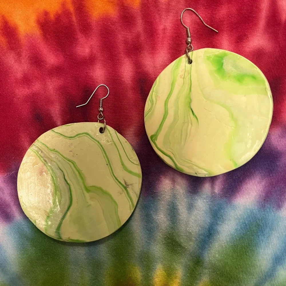 Impactful Round Mint & Cream Colored Rare Boho One of a Kind Handmade Earrings